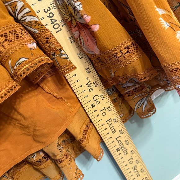 Free People Cherry Blossom Mini Dress Floral Bohemian Topaz color Mustard size L - Picture 7 of 13